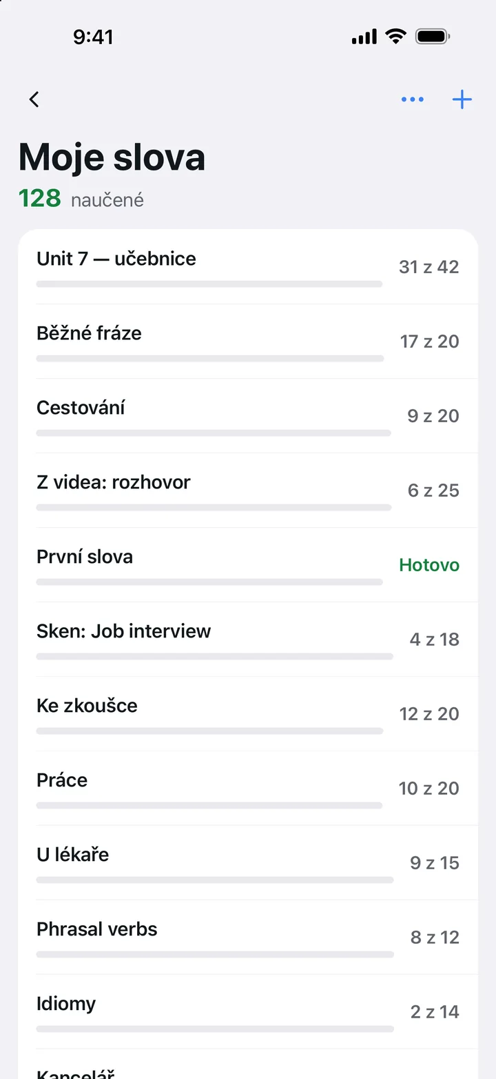 Moje slova: ukazatel pokroku pro každou sadu