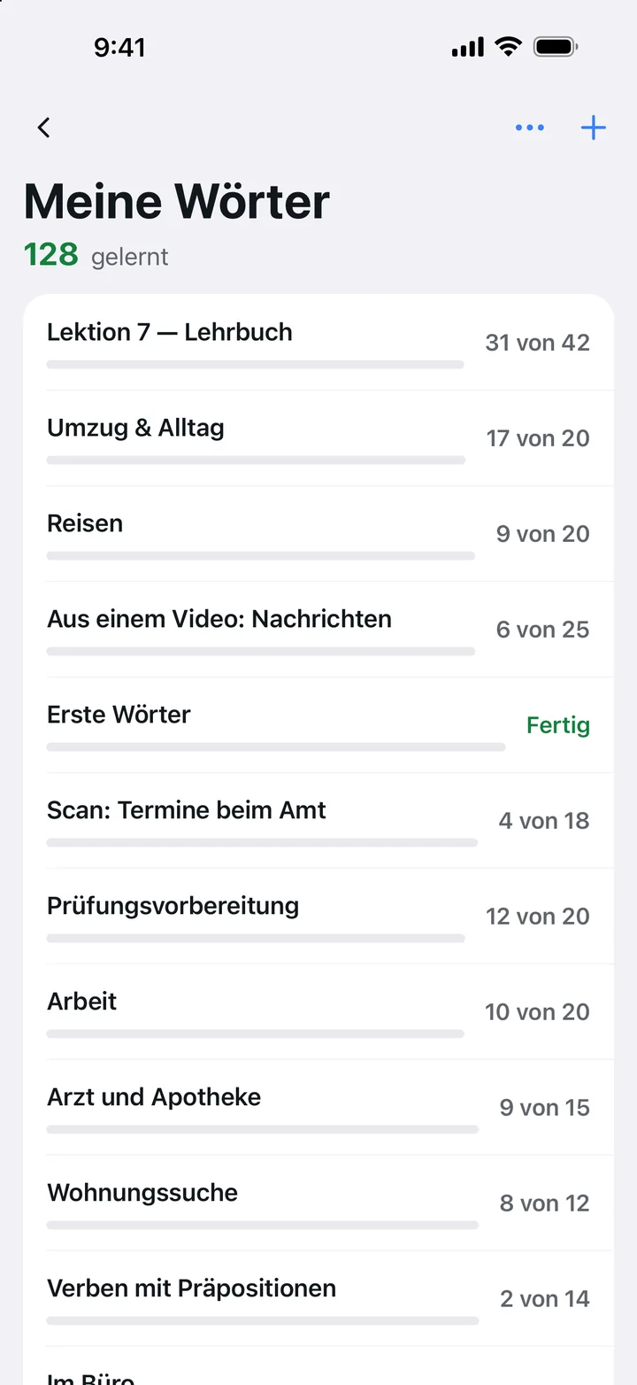 Meine Wörter: ein Fortschrittsbalken für jedes Set