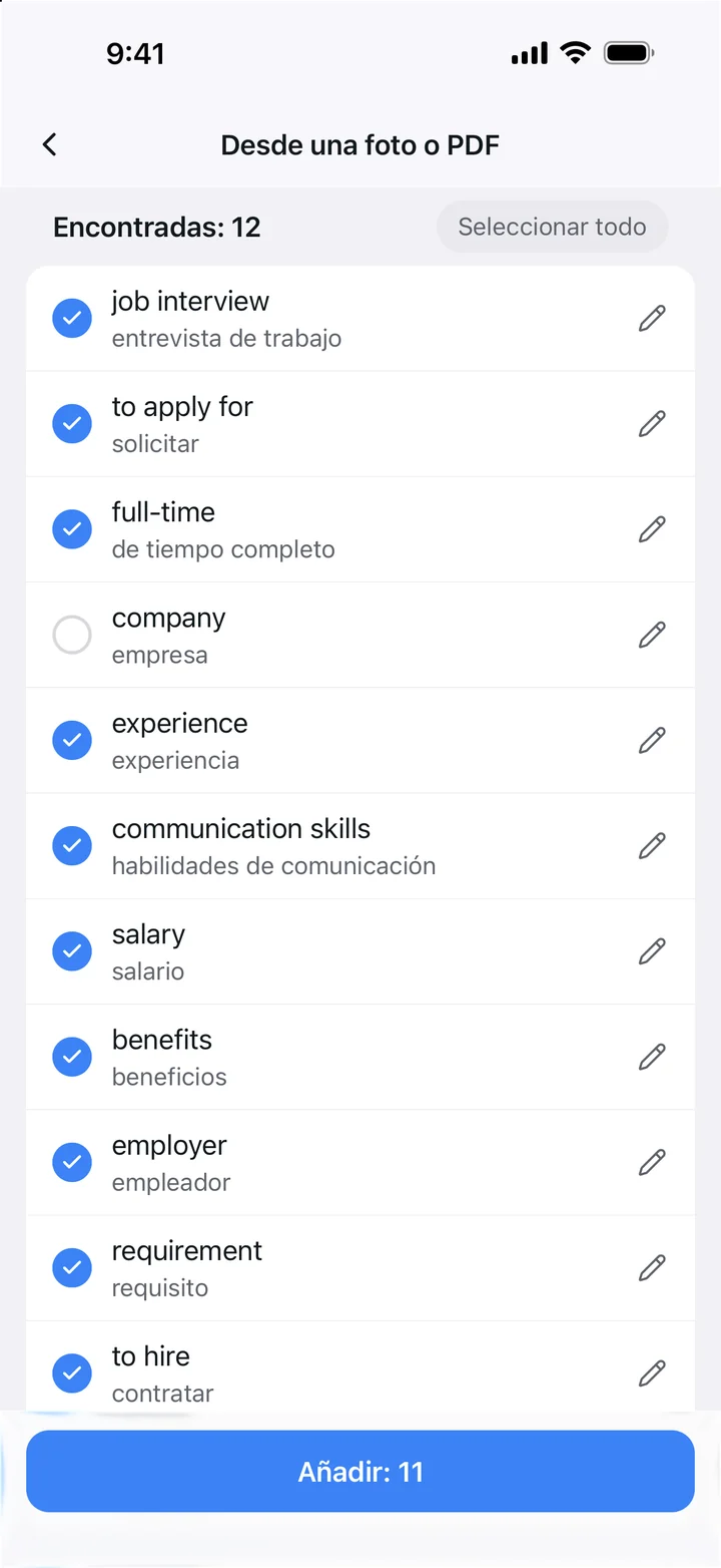 Doce palabras de una página del libro, cada una con su traducción