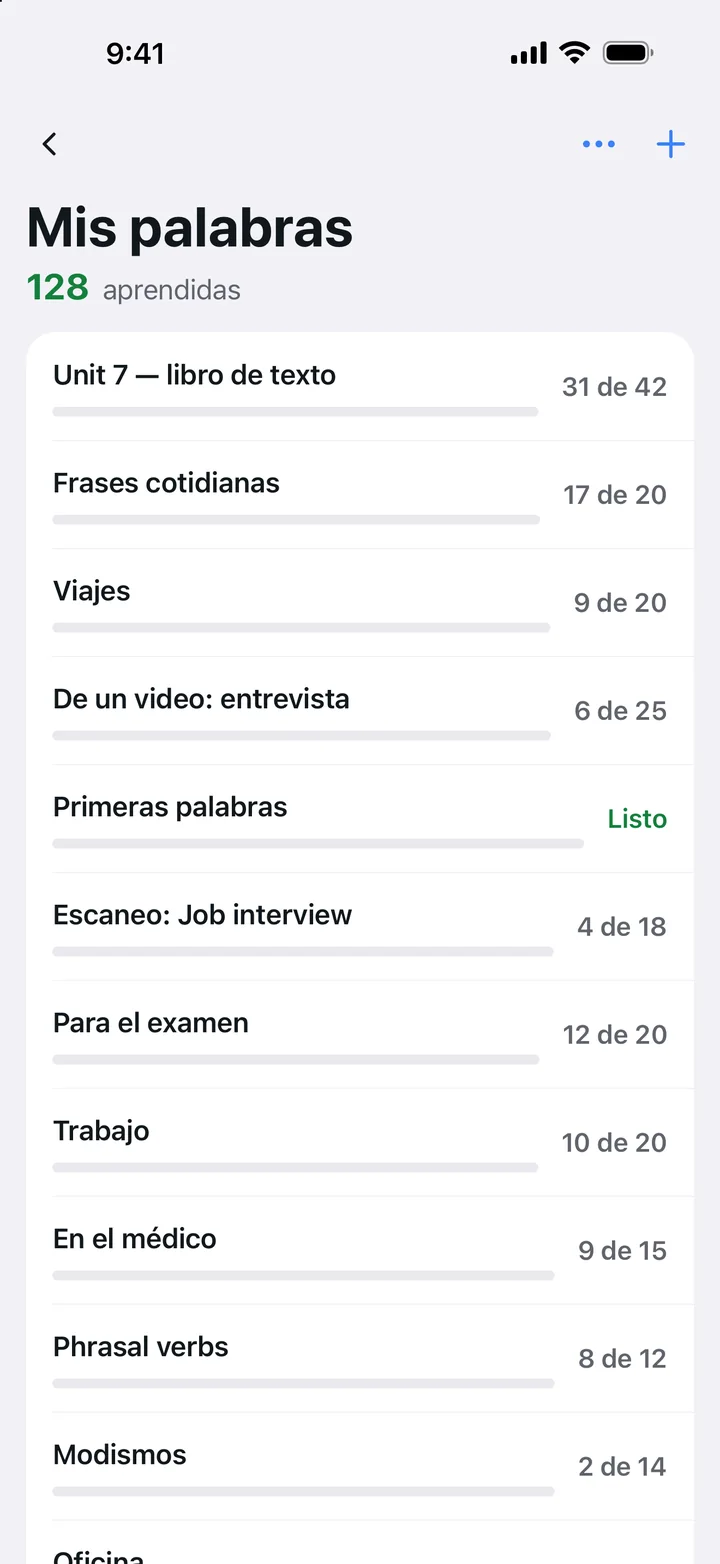 Mis palabras: una barra de progreso por cada set