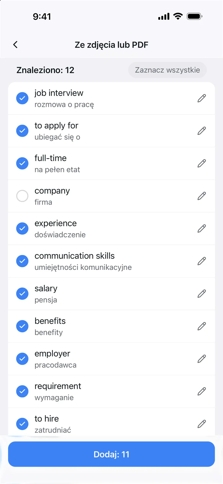 Dwanaście słów ze strony podręcznika, każde z tłumaczeniem